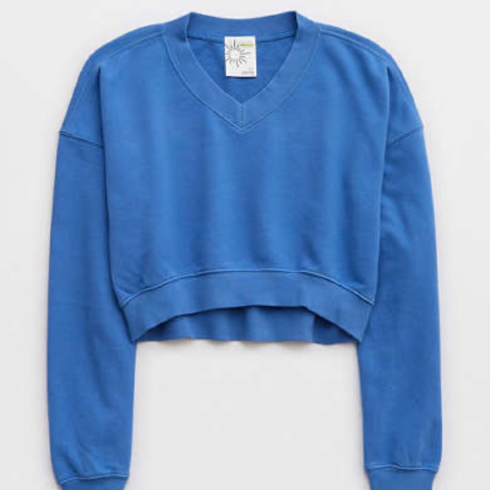 NWT Aerie Throw Back Crop V-Neck Sweatshirt In Blue